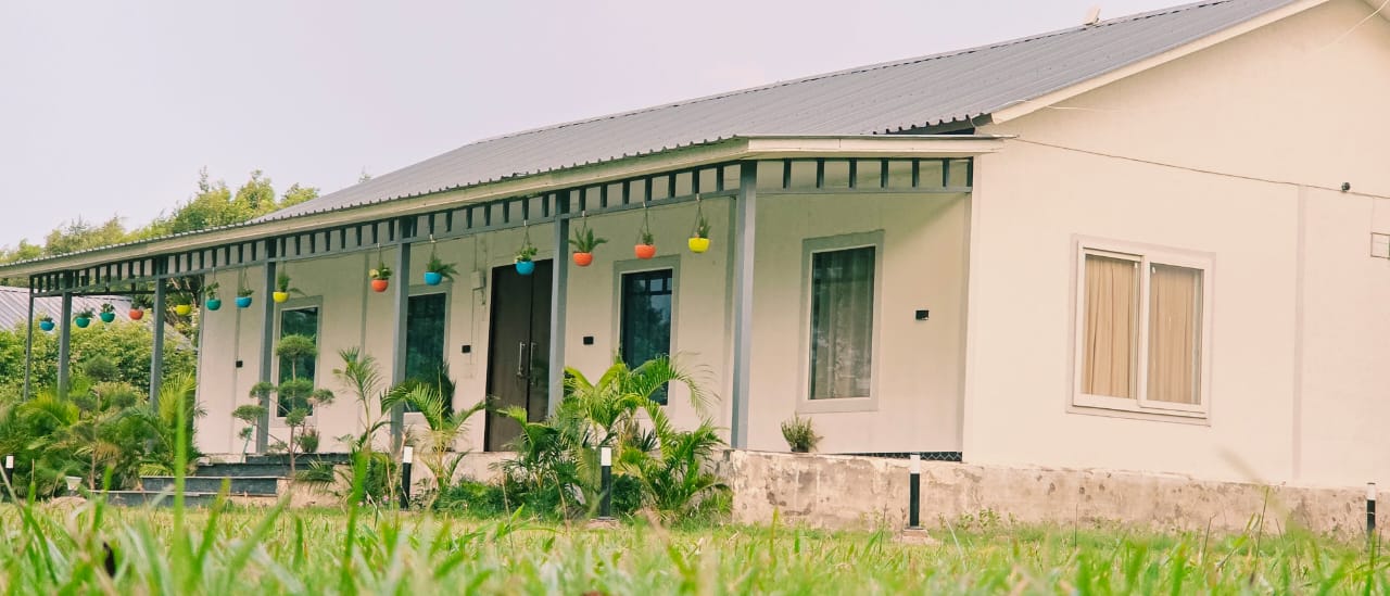 Farmhouse verandah with colorful planters
