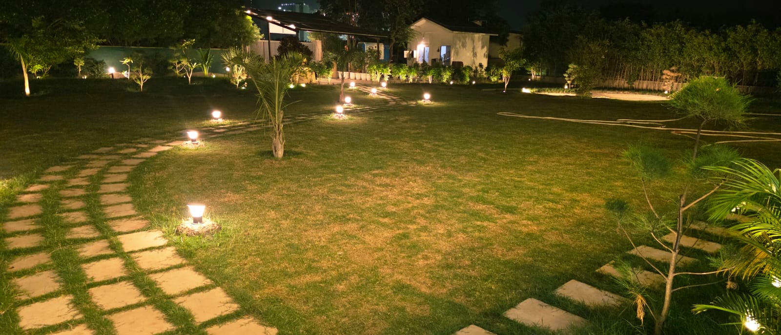Illuminated lawn and garden at night